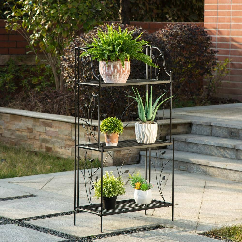 Glitzhome 44.75 in. H Black Metal Rectangular Shelf Plant Stand (3-Tiered) 2007200032