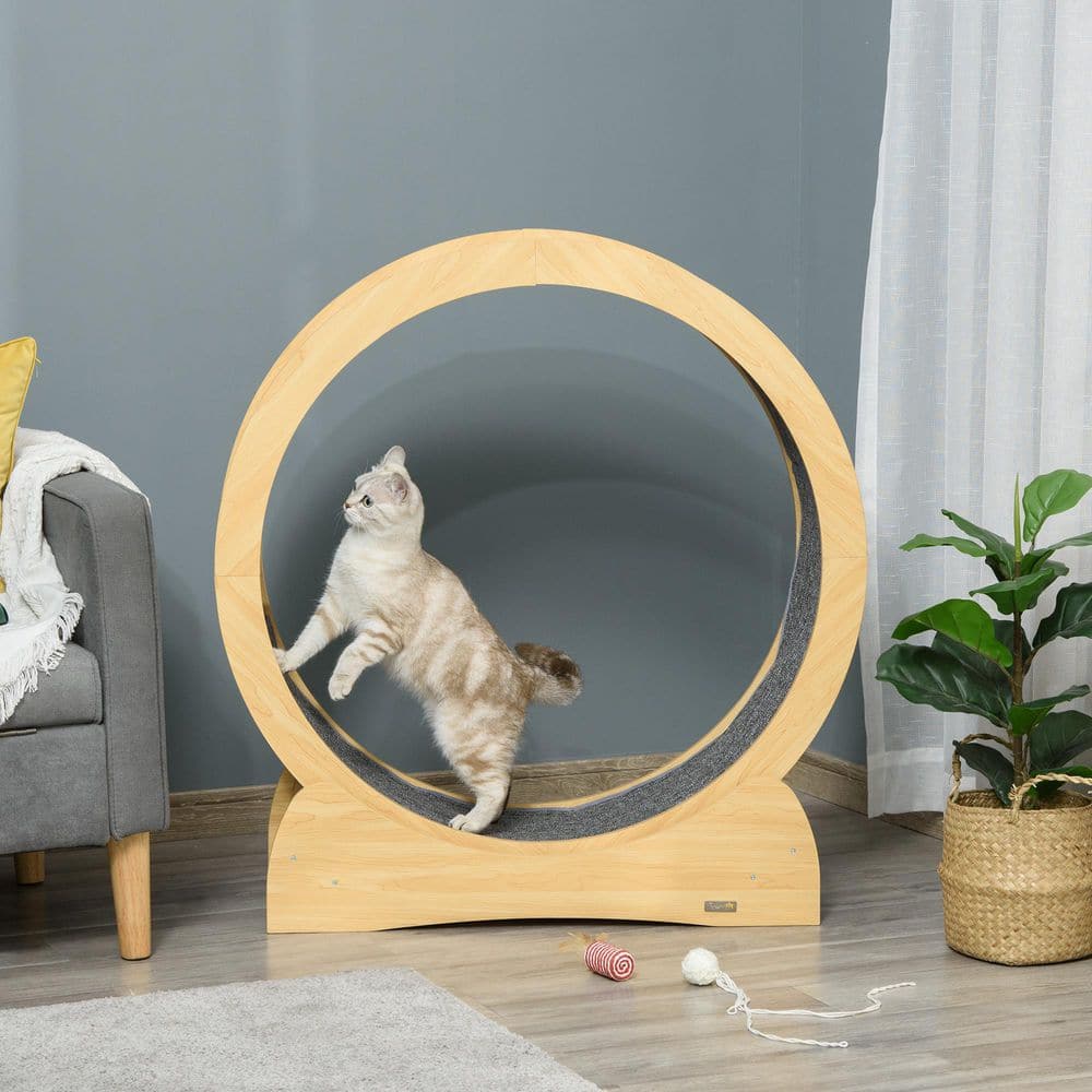 PawHut Natural Wood Color Small/Medium Cat Wooden Cat Exercise Wheel Treadmill Cat Tree D30-517V01