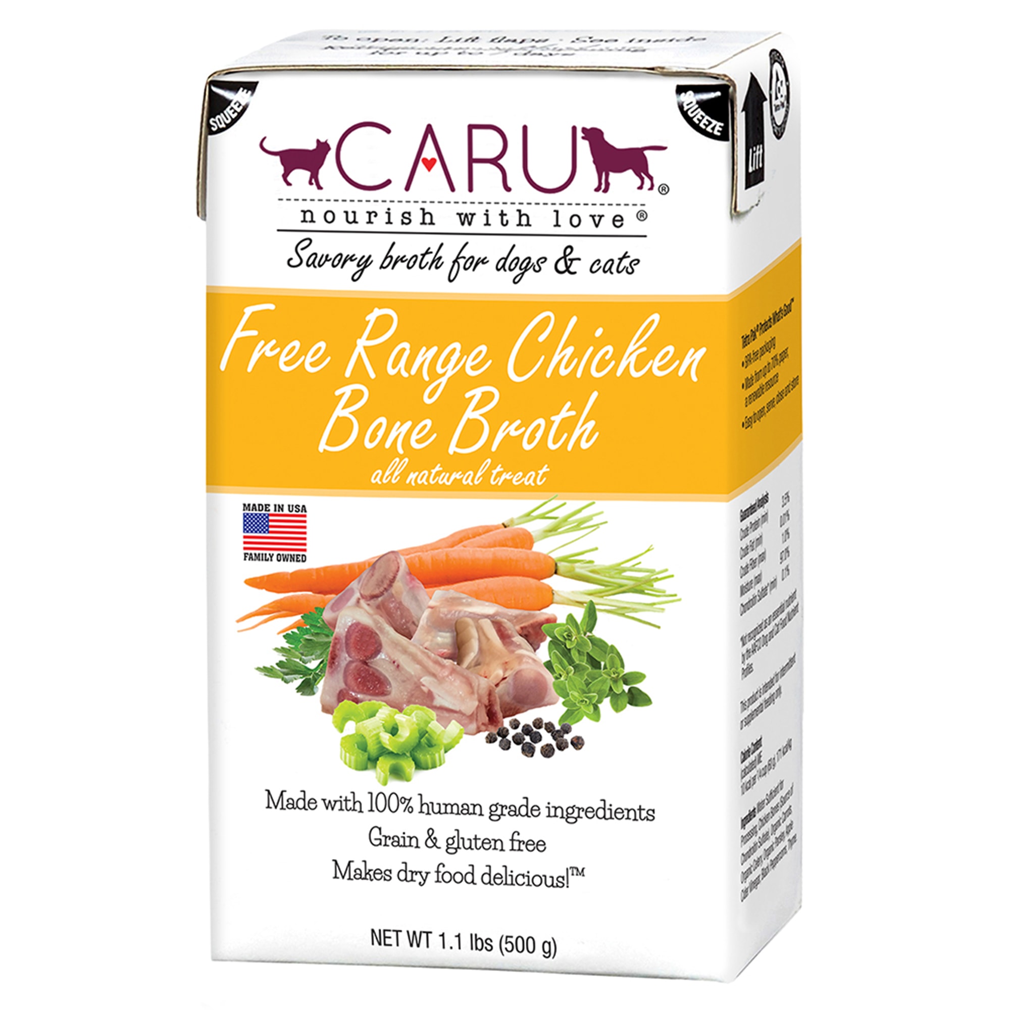 CARU Free Range Chicken Bone Broth Natural Liquid Treat for Dogs and Cats， 1.1 lbs.