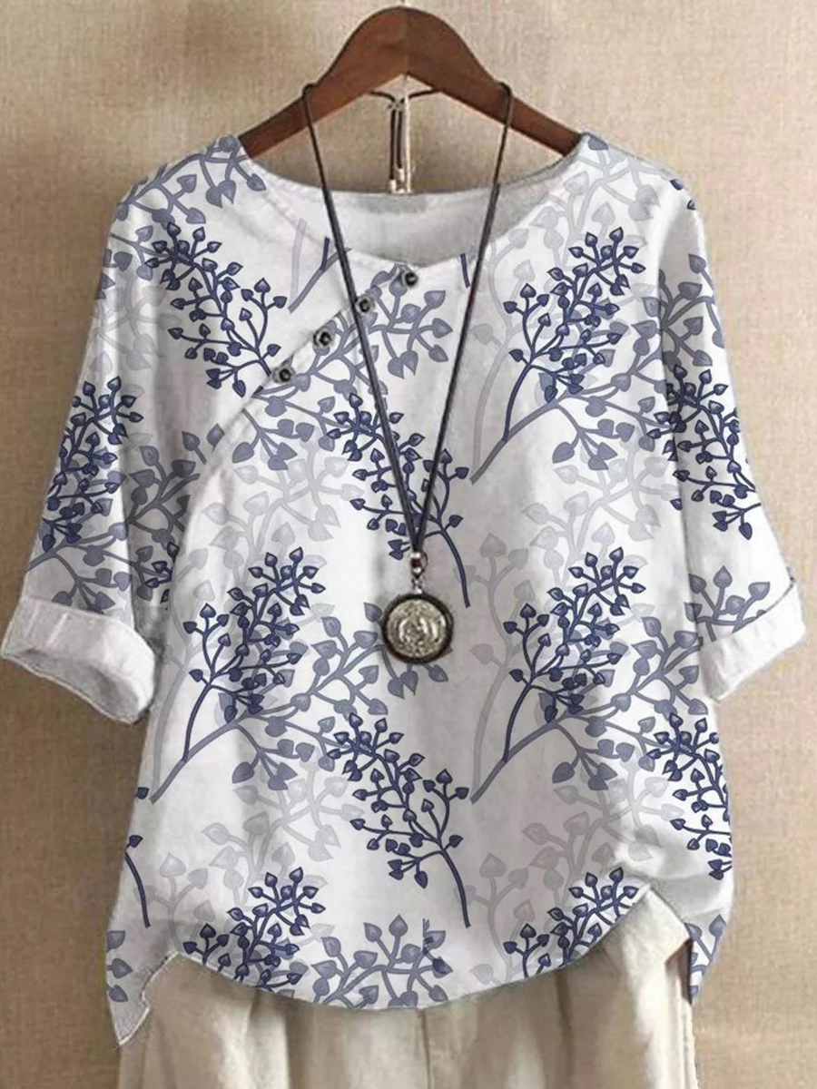 Printed Half Sleeves Buttoned Crew Neck Blouse