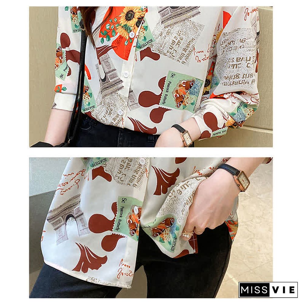 Vintage Floral Letter Print Long Sleeve Chiffon Shirt Workwear