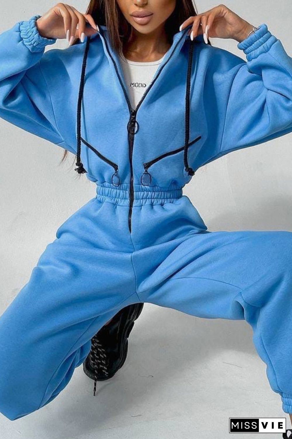 Street Solid Patchwork Hooded Collar Jumpsuits