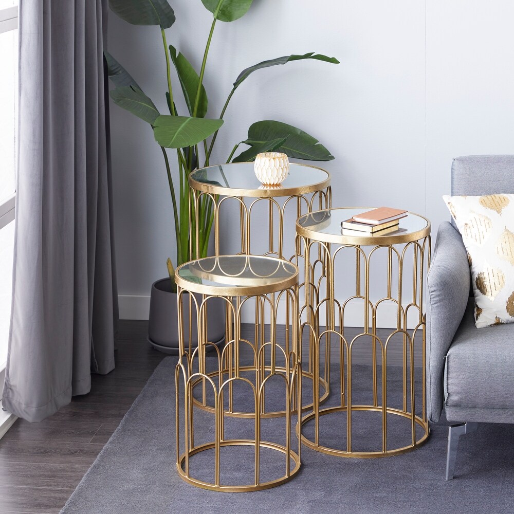 Gold Metal Accent Table with Mirrored Glass Top (Set of 3)   18 x 18 x 28Round