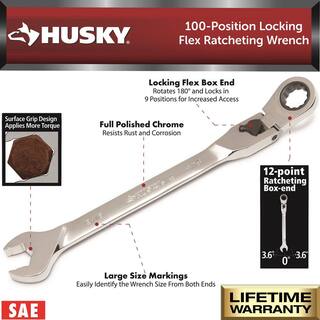 Husky 100-Position Chrome Flex Lock Ratcheting SAE Combination Wrench Set (6-Piece) H100CFLRW6PCSAE