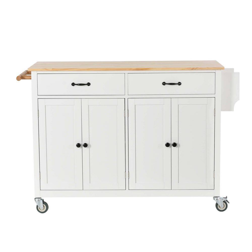 Whatseaso 54.3 in. Spice Rack Towel Rack White Kitchen Island with Solid Wood Top and Locking Wheels 4-Door Cabinet and 2-Drawers LNN-K110502013