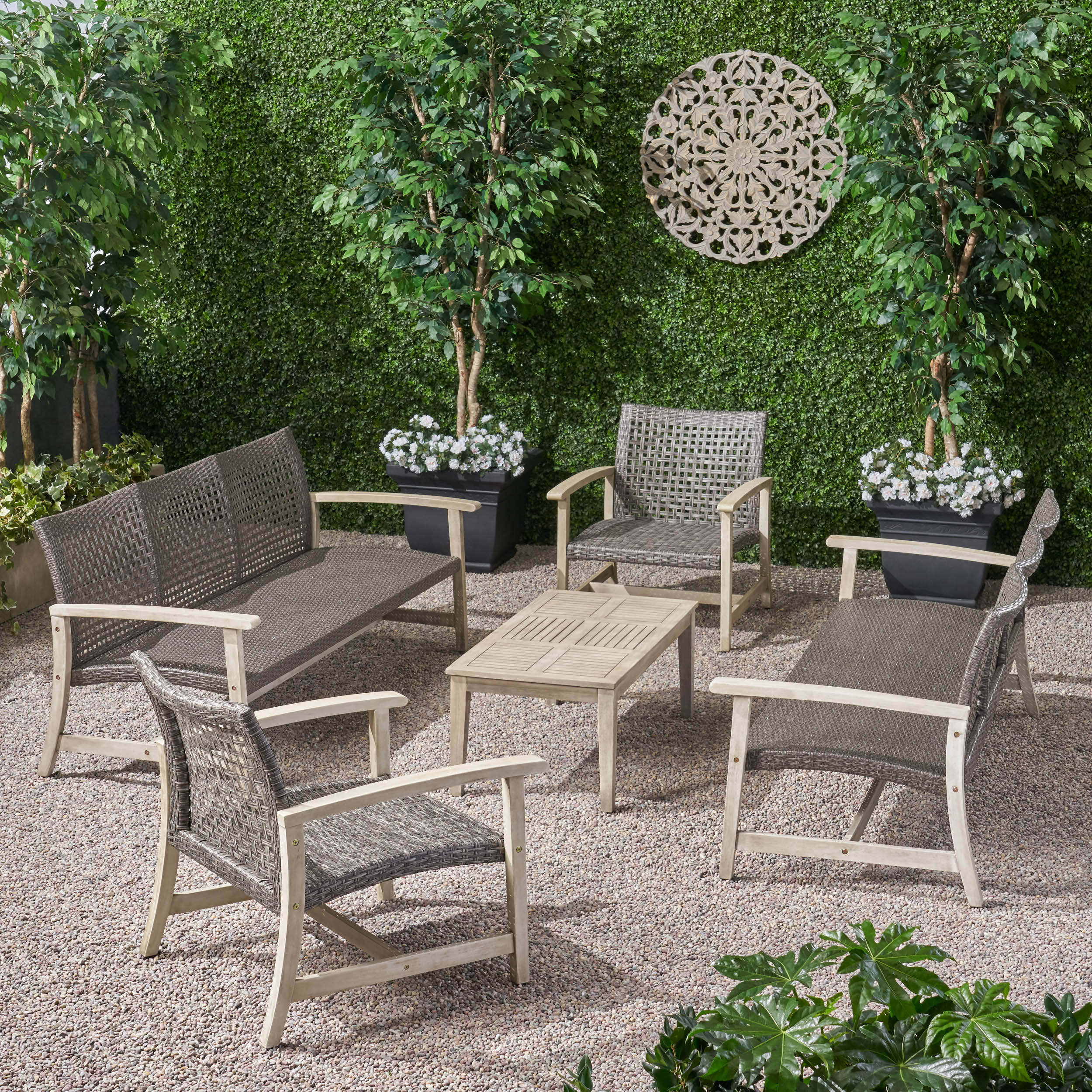 Alyssa Outdoor 5 Piece Wood and Wicker Sofa Chat Set