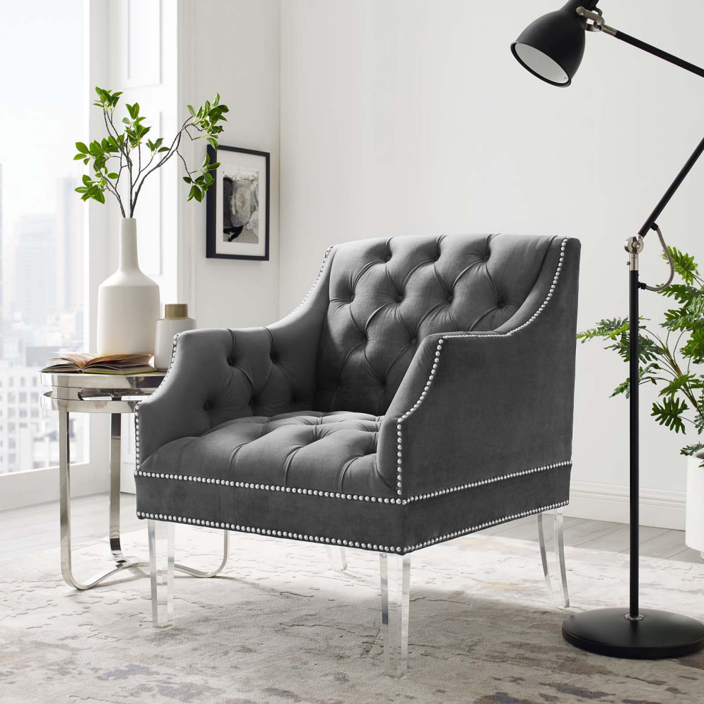 Gray Proverbial Tufted Button Accent Performance Velvet Armchair   Contemporary   Armchairs And Accent Chairs   by Uber Bazaar  Houzz