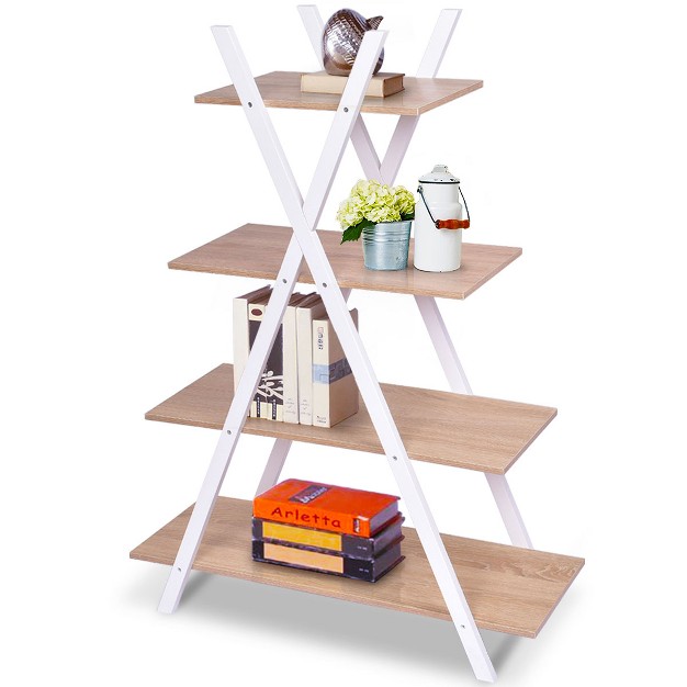 Costway 4 tier Bookshelf Storage Display Shelves Bookcase Ladder X shape