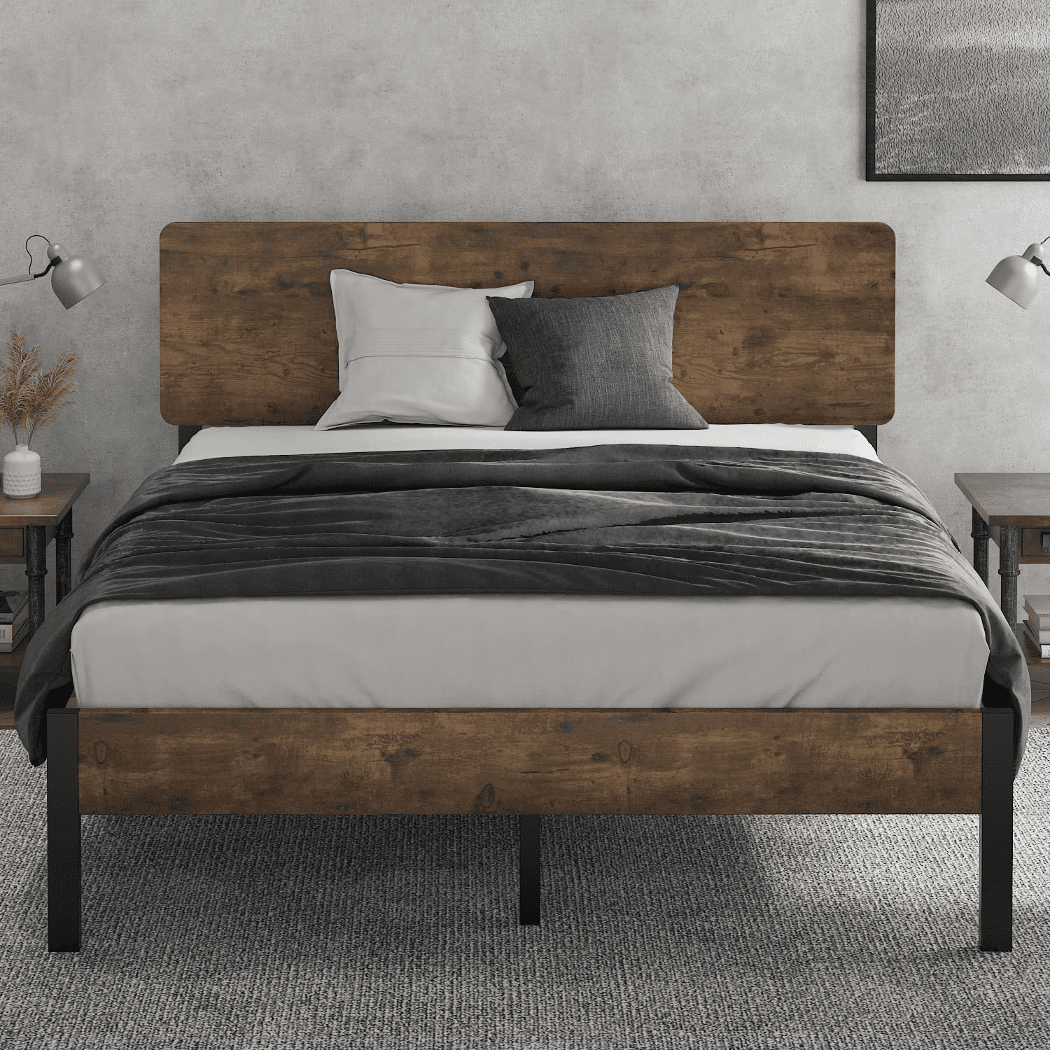 Einfach Queen Size Wood Bed Frame with Rustic Headboard and Footboard, Brown