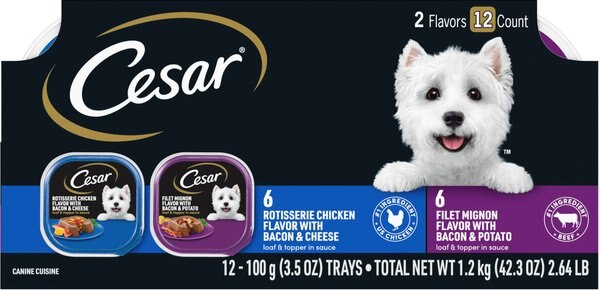 Cesar Loaf in Sauce Rotisserie Chicken and Filet Mignon Flavors Variety Pack Dog Food Trays