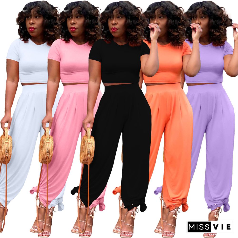 Summer Hot Plus Size Solid Short Sleeve O Neck Crop Tops Wide Leg Pants Women Casual Two Piece Set