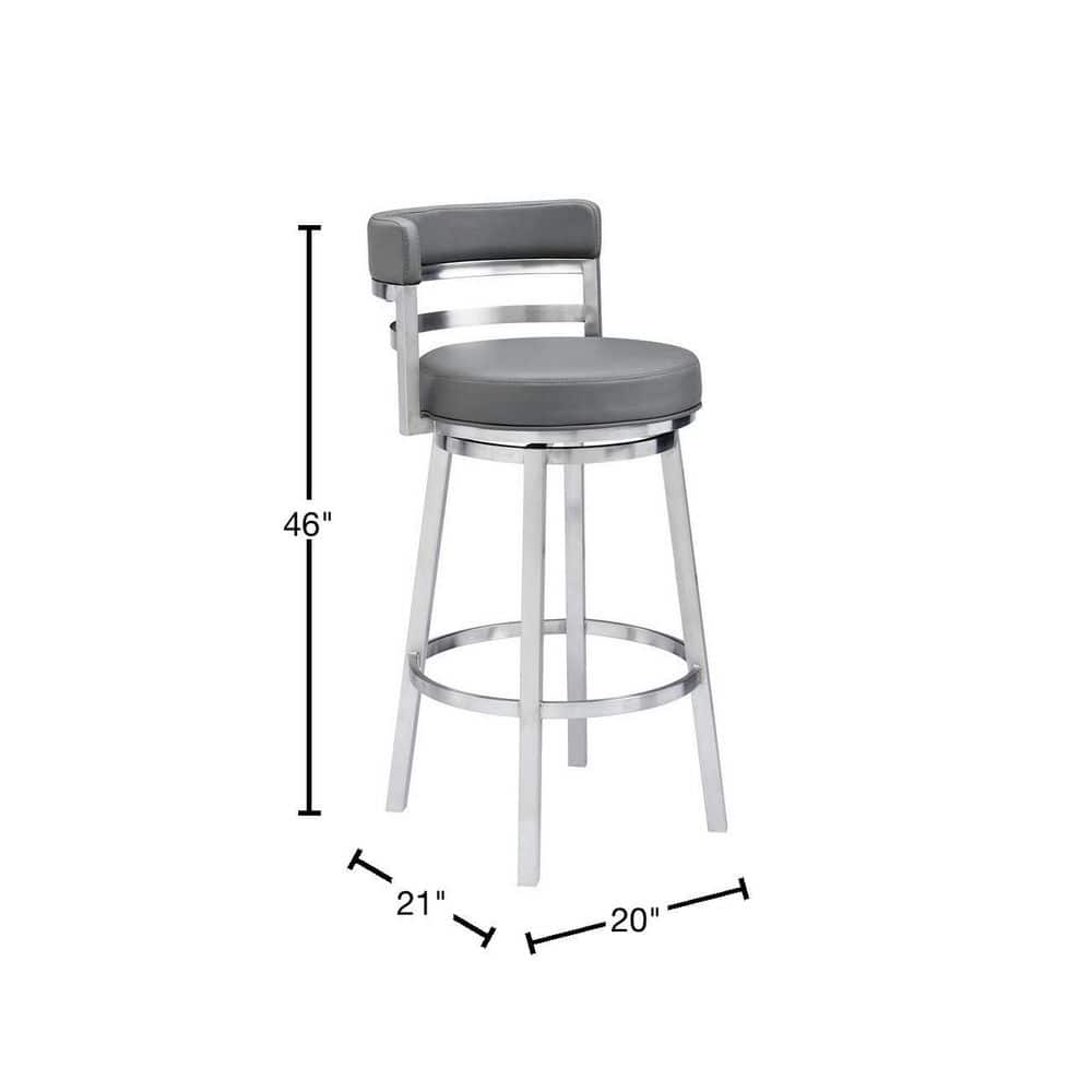 Armen Living Madrid Contemporary 30 in. Bar Height Bar Stool in Brushed Stainless Steel and Grey Faux Leather LCMABABSGR30