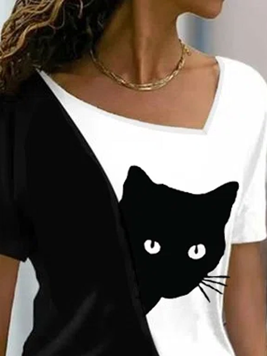 V-neck Casual Loose Cat Print Short Sleeve T-shirt