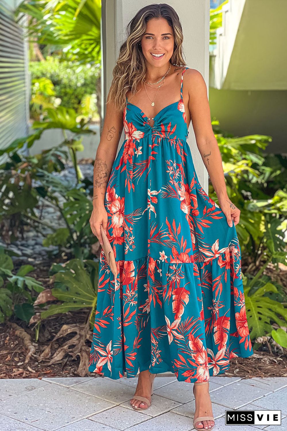 Sky Blue Strappy Open Back Floral Maxi Dress