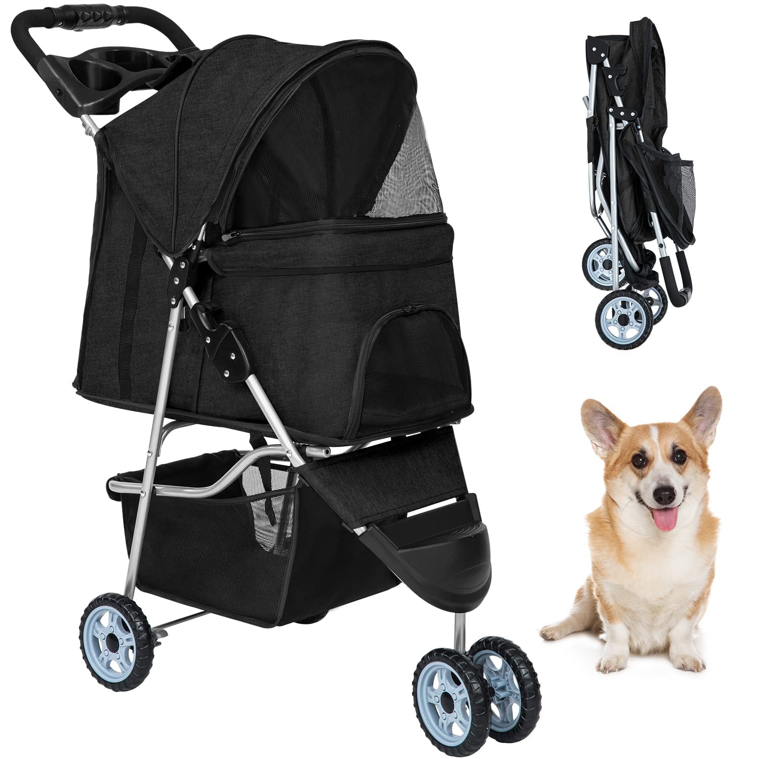 YRLLENSDAN Foldable Pet Stroller， Dog Stroller Small Dogs 3 Wheel Pet Carriers for Small Dogs with Wheels Cat Stroller w/Storage Basket for Medium Dogs