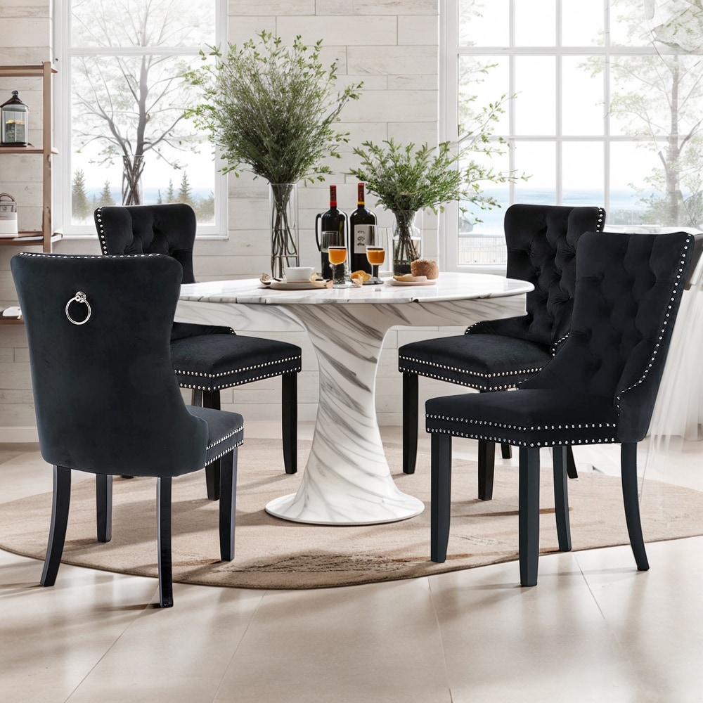 Set of 2 Velvet Dining Chairs Tufted Solid Wood Armless Chairs Accent Chair with Nailhead Trim and Back Ring Pull