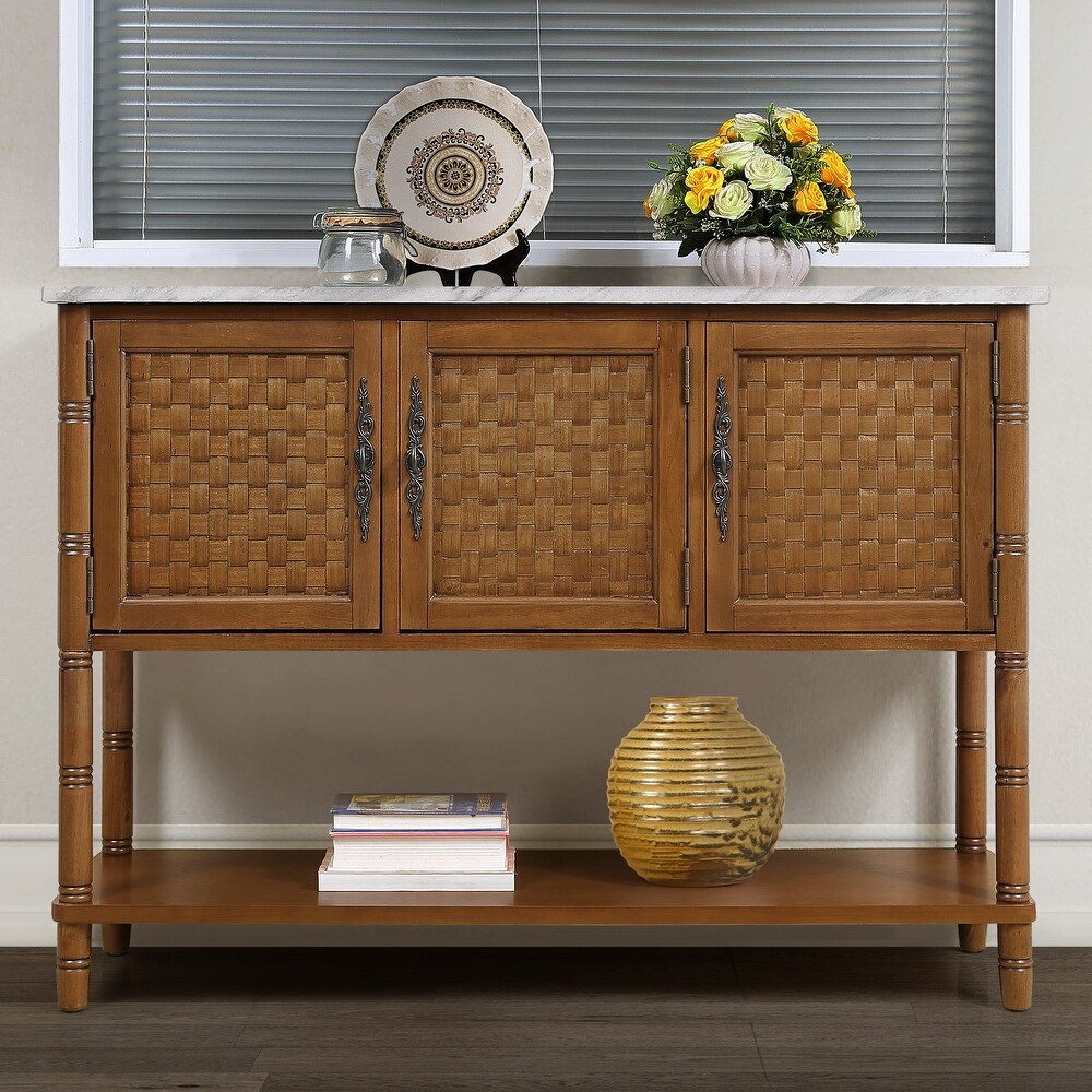 Farmhouse Entryway Console Table  Faux Stone Top  3 Cabinets