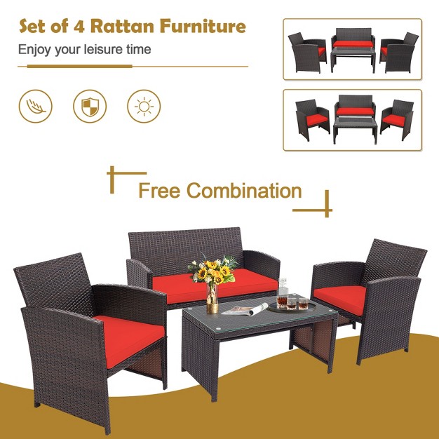 Tangkula 8pcs Outdoor Patio Furniture Sets Weather resistant Rattan Sofas W Soft Cushion Red