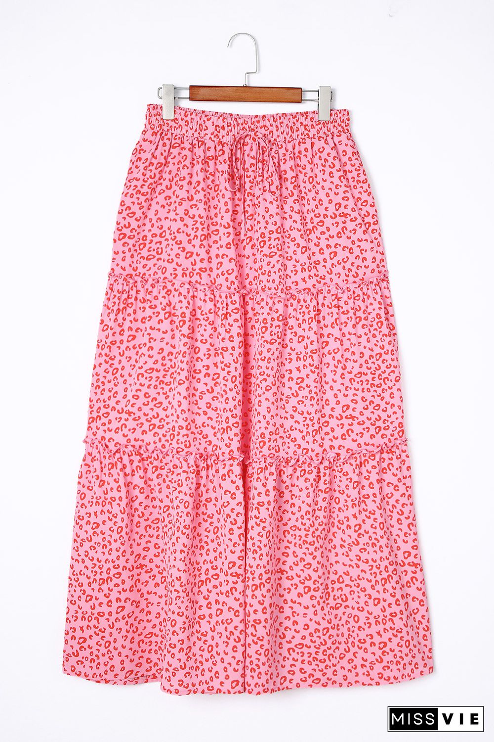 Pink Leopard Print Frilled Drawstring High Waist Maxi Skirt