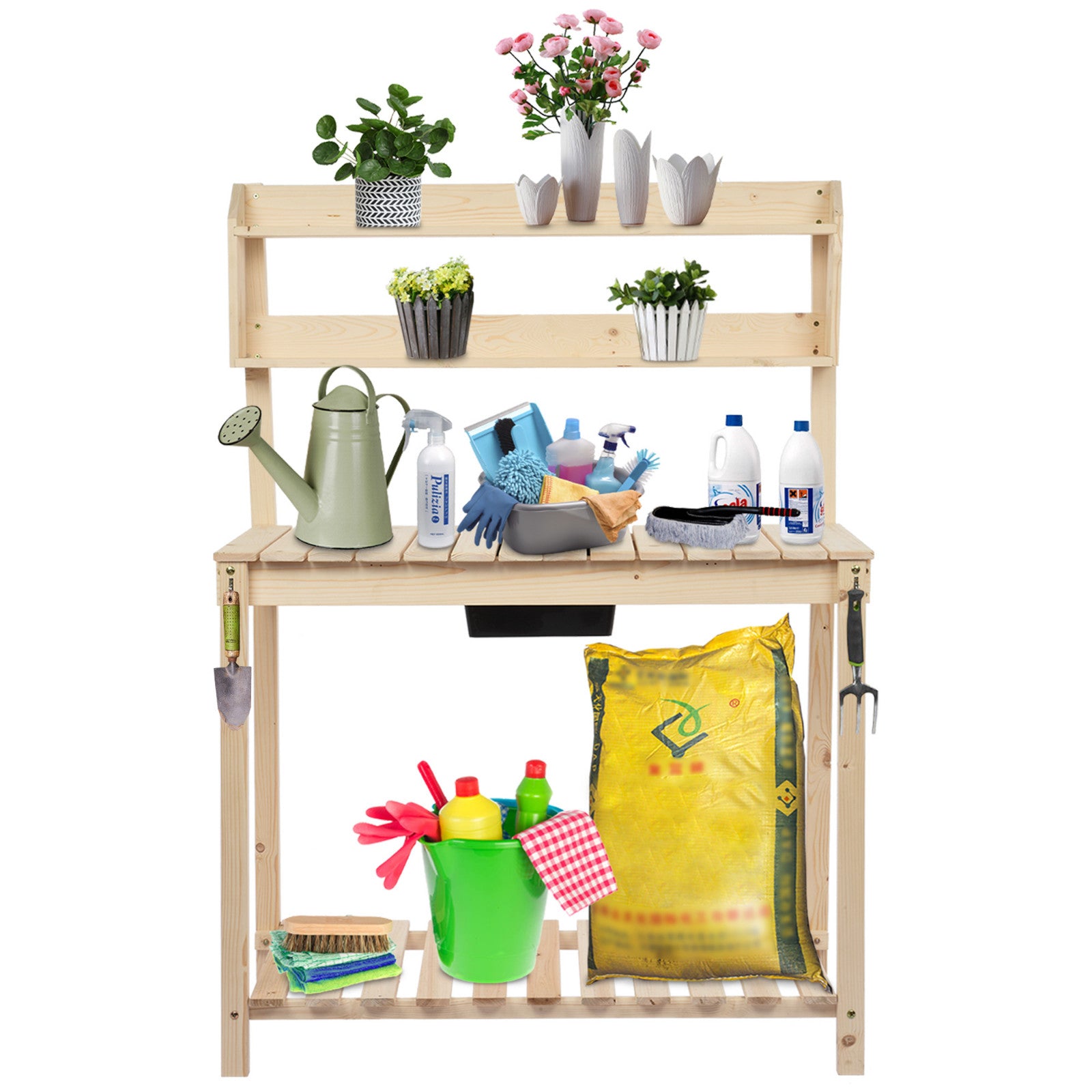 MIARHB Outdoor Garden Potted Workbench With Sliding Table Top And Natural Storage Shelf