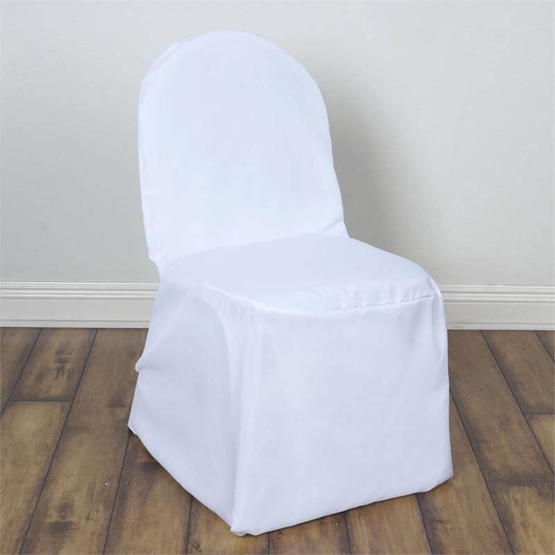 White Polyester Banquet Chair Cover, Reusable Stain Resistant Slip On Chair Cover