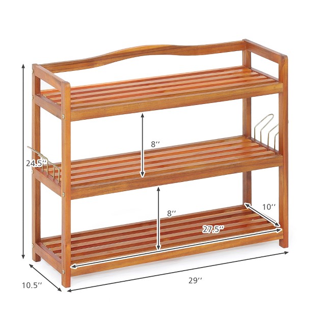 Costway 3 tier Wood Shoe Rack Solid Acacia Wood Shoe Shelf With Side Metal Hooks