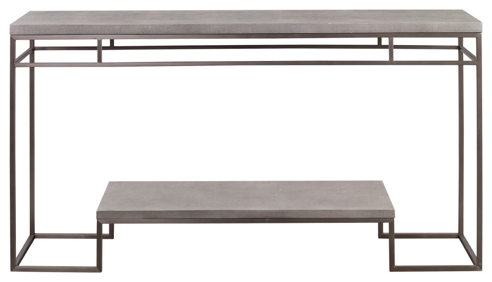 Elegant Modern Tiered Console Table Faux Shagreen Art Deco Open Shelf Minimalist   Industrial   Console Tables   by My Swanky Home  Houzz