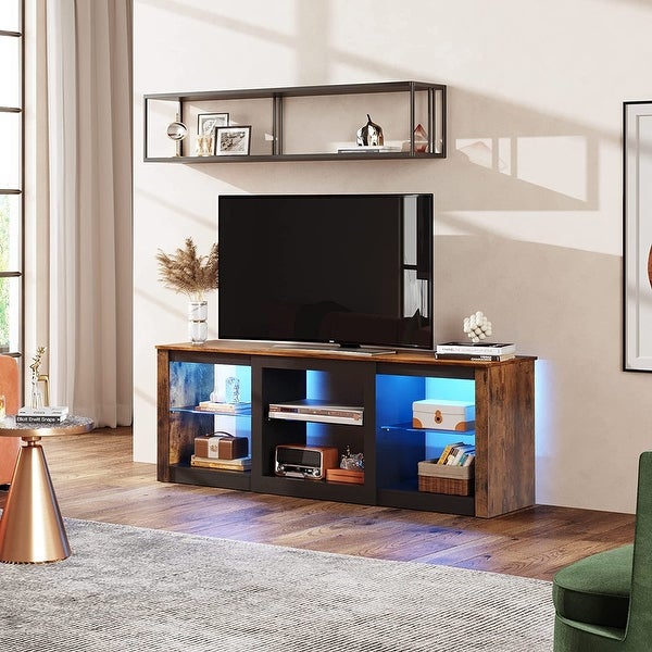 TV Stand with LED Lights for TVs up to 65 inch， Entertainment Center with Glass Shelves， Modern TV Stand for Living Room