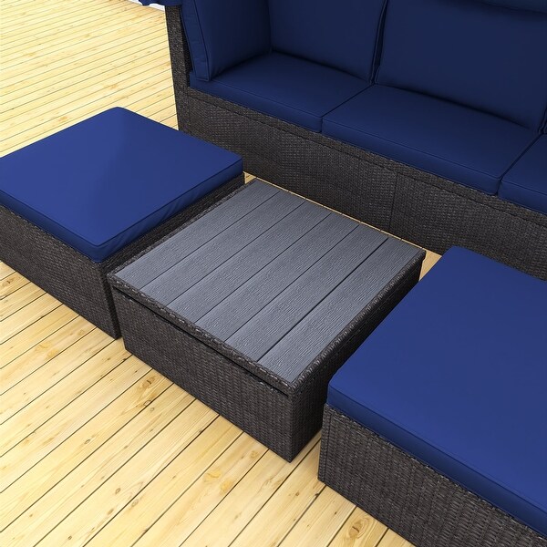 4Piece Outdoor Wicker Sectional Patio Daybed with Canopy and Ottoman