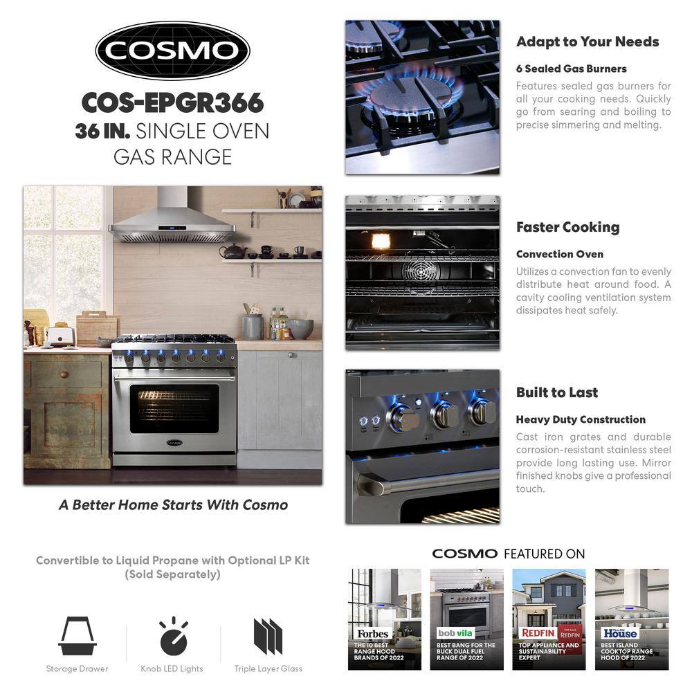 Cosmo 36 in. 6.0 cu. ft. Commercial-Style Gas Range with Convection Oven in Stainless Steel with Storage Drawer COS-EPGR366