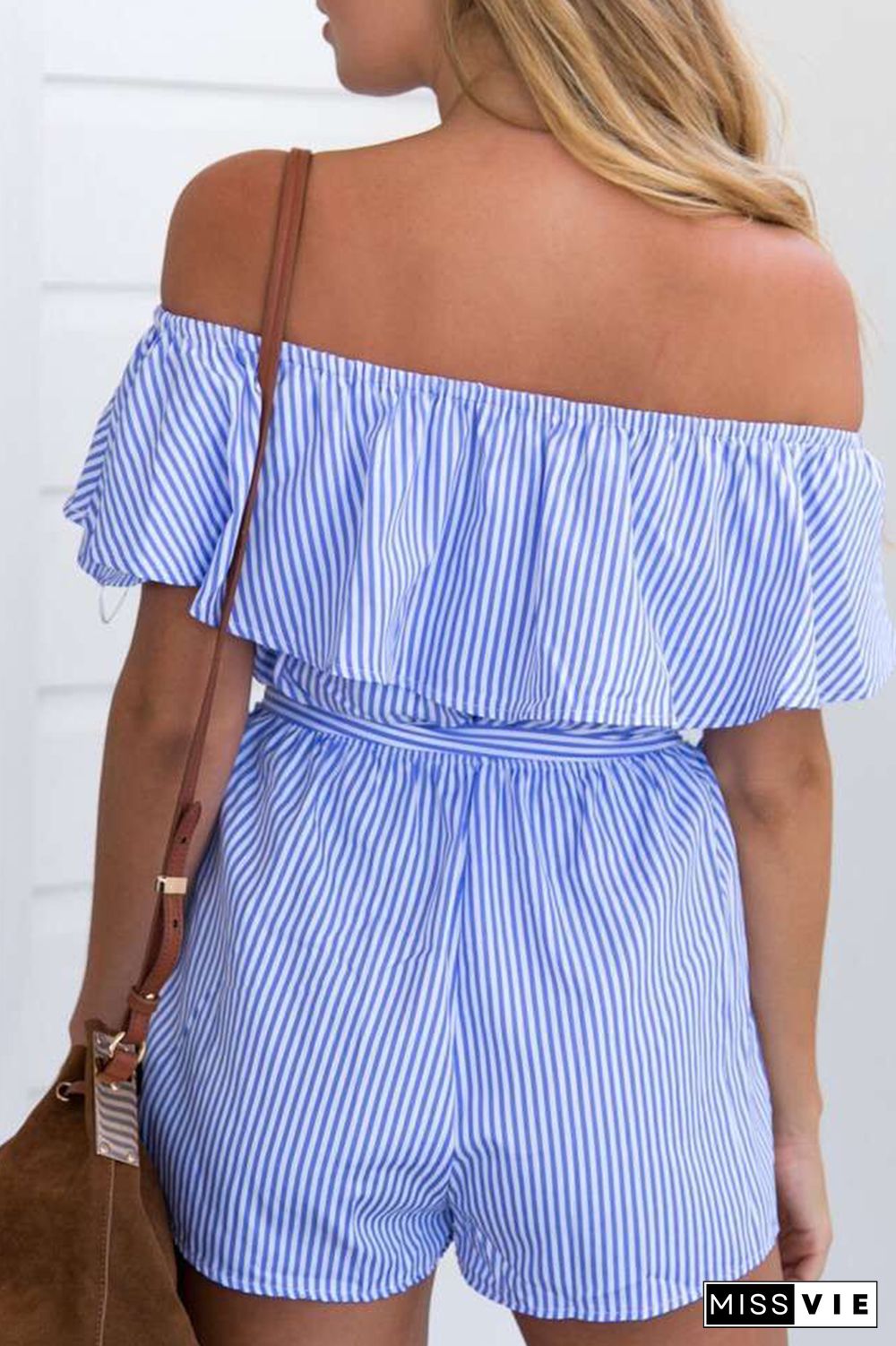 Casual Striped Flounce Off The Shoulder Straight Jumpsuits