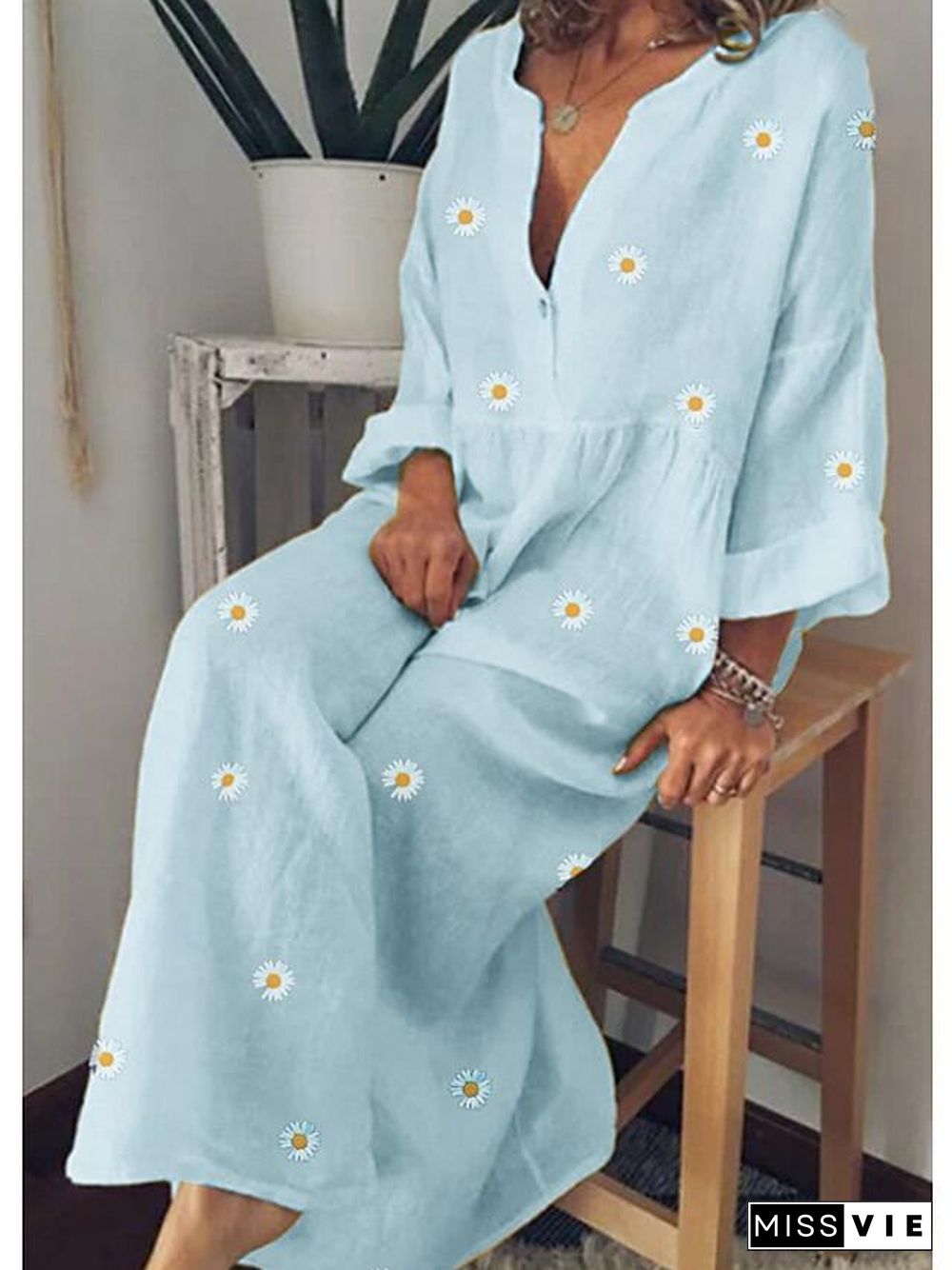 Women's A-Line Dress Maxi long Dress Long Sleeve Floral Floral Spring Summer Cotton Yellow Green Light Blue M L XL XXL 3XL 4XL 5XL