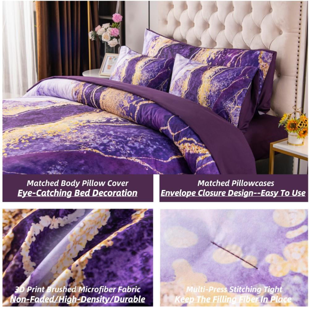 PERFEMET 6 Pcs Bed-in-a-Bag Purple Watercolor Marble Colorful Comforter Set， (Purple， Queen)