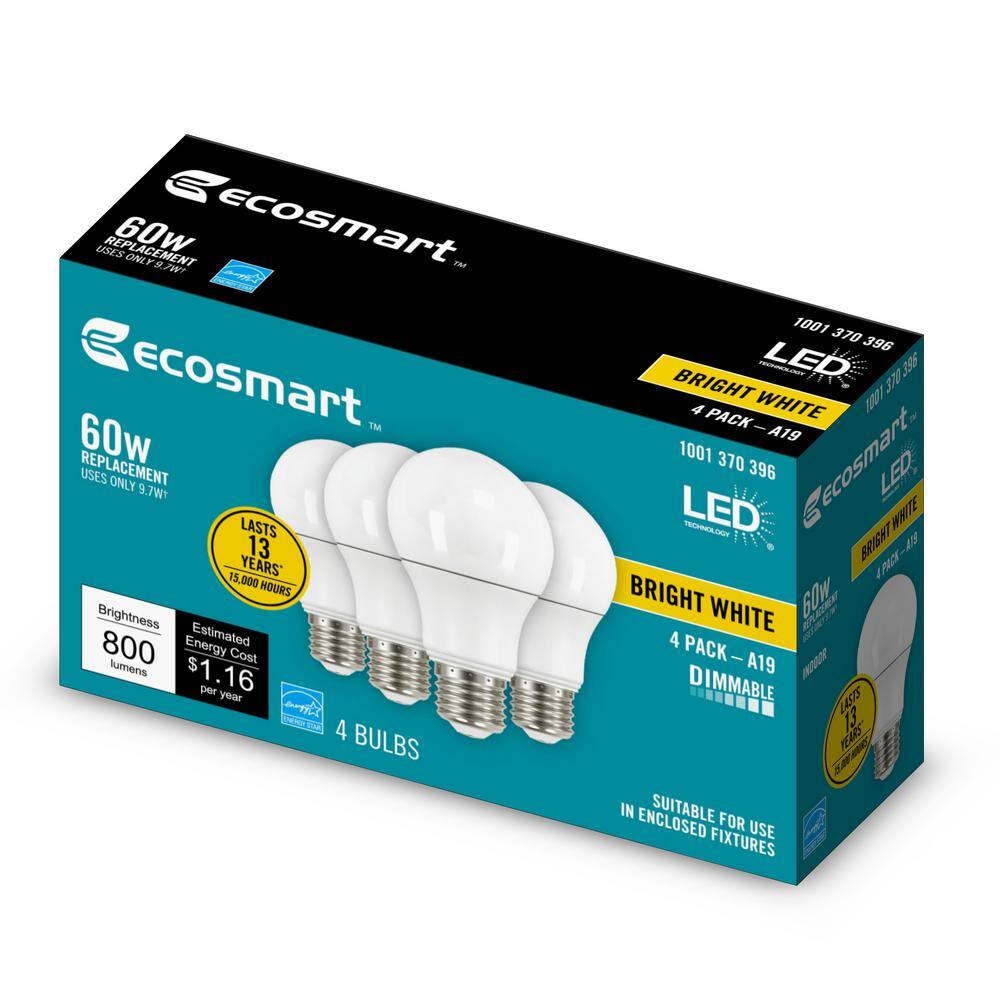 EcoSmart 60-Watt Equivalent A19 Dimmable LED Light Bulb Bright White (4-Pack) 11A19060WESD042