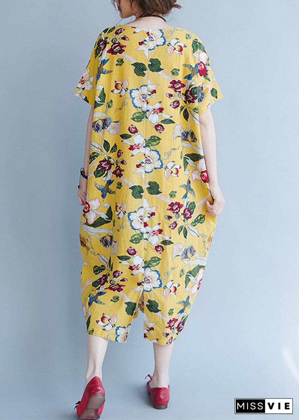 women yellow Midi linen dresses trendy plus size traveling clothing vintage back open floral cotton dresses