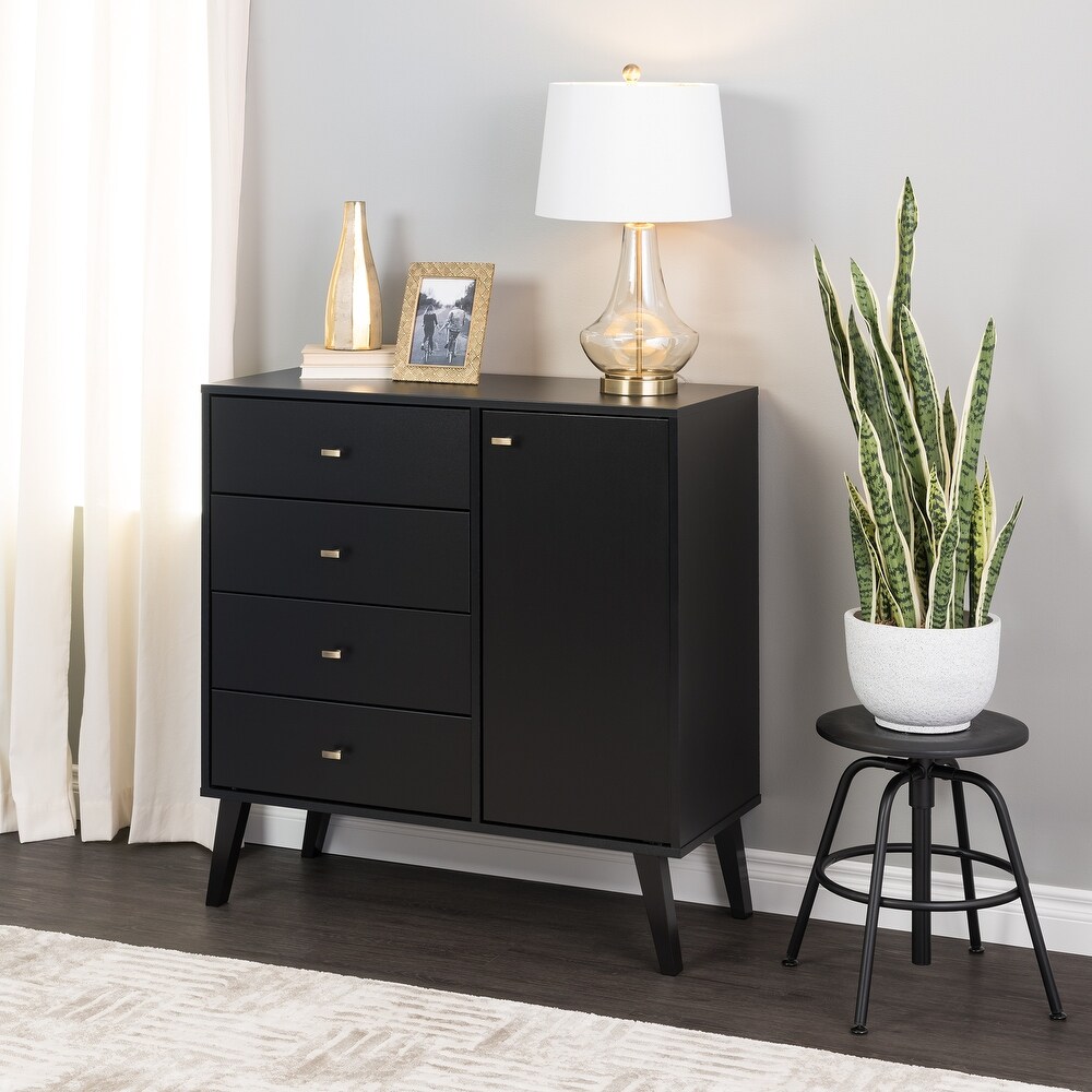 Prepac Milo Mid Century Modern 4 Drawer Combo Dresser  Chest of Drawers With Door  Contemporary Bedroom Furniture