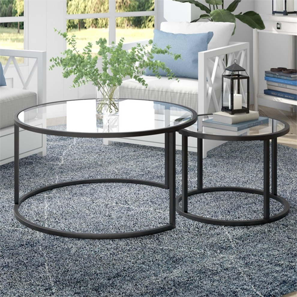 Henn ampHart Metal Double Nested Round Coffee Table in Black with Glass Top   Contemporary   Coffee Table Sets   by Homesquare  Houzz