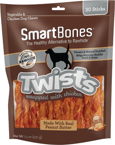 SmartBones Twists Wrapped Chicken and Peanut Butter Dog Treats， 30 count