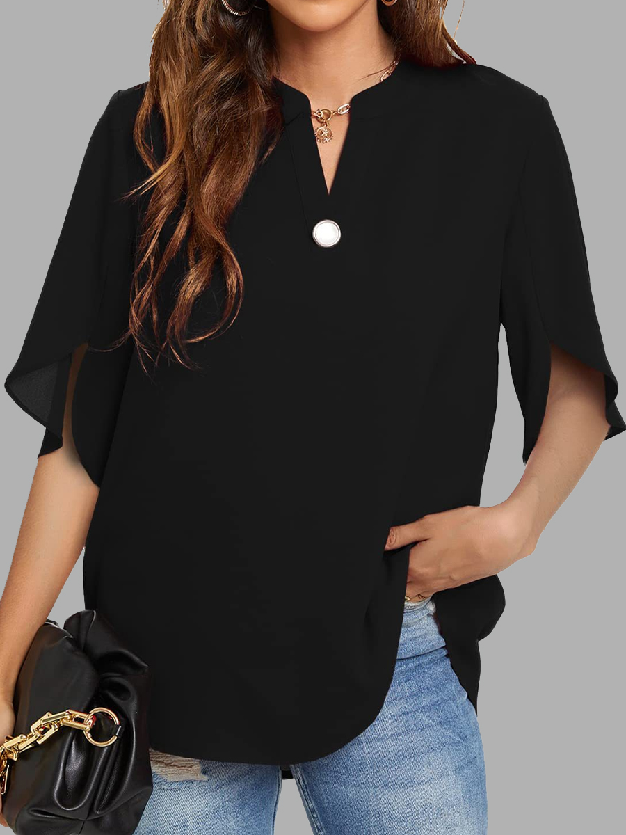 Casual Solid Color Button V-Neck Short Sleeve Blouse