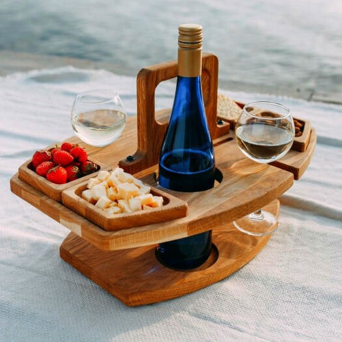 Zhaomeidaxi Portable Picnic Table， Wooden Wine Picnic Tables for Outdoors， Snack %26 Cheese Tray， Outdoor Beach Bar Table with Wine Glass Holder