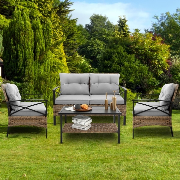 4 Piece Outdoor Conversation Chair Set With Cushion，Patio Rattan Wicker Set with 2 Single chairs and Loveseat，Coffee Table