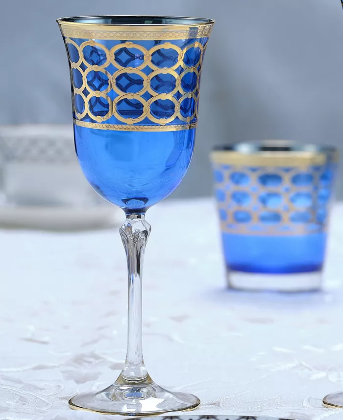 Lorren Home Trends Cobalt Blue White Wine Goblet with Gold-Tone Rings Set of 4