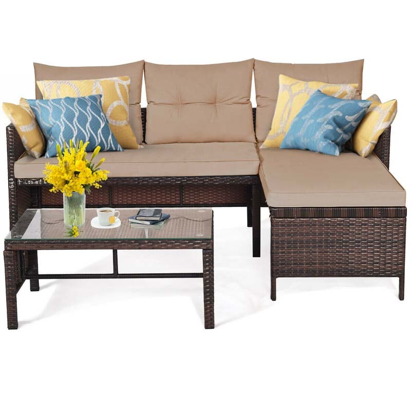 3 Pcs Rattan Patio Furniture Set Outdoor Conversation Sofa Set with Loveseat Chair & Coffee Table