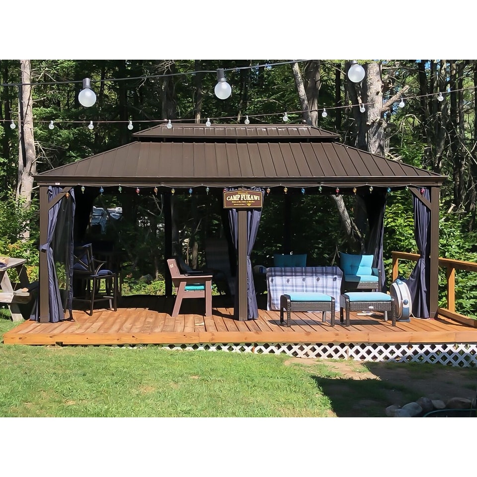 PURPLE LEAF Hardtop Aluminum Gazebo with Curtains and Netting  Double Roof Patio Gazebo