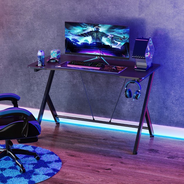 Homcom Gaming Computer Desk Home Office Gamer Table Workstation With Cup Holder Headphone Hook Cable Management Carbon Fiber Surface