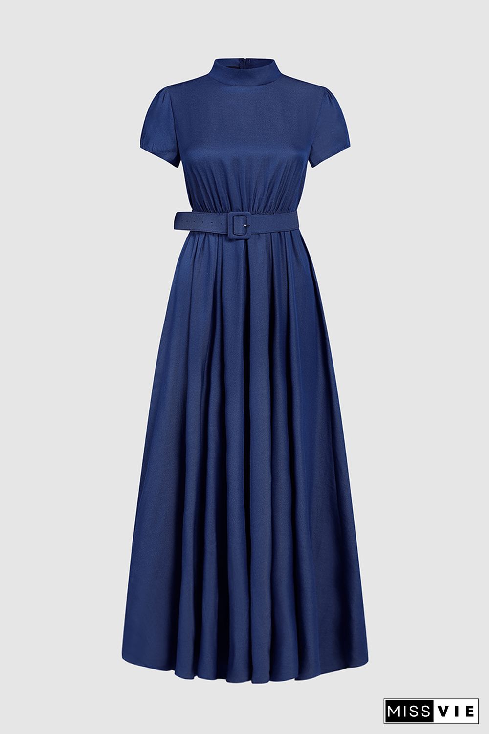 Solid Belted Stand Collar Maxi Dress