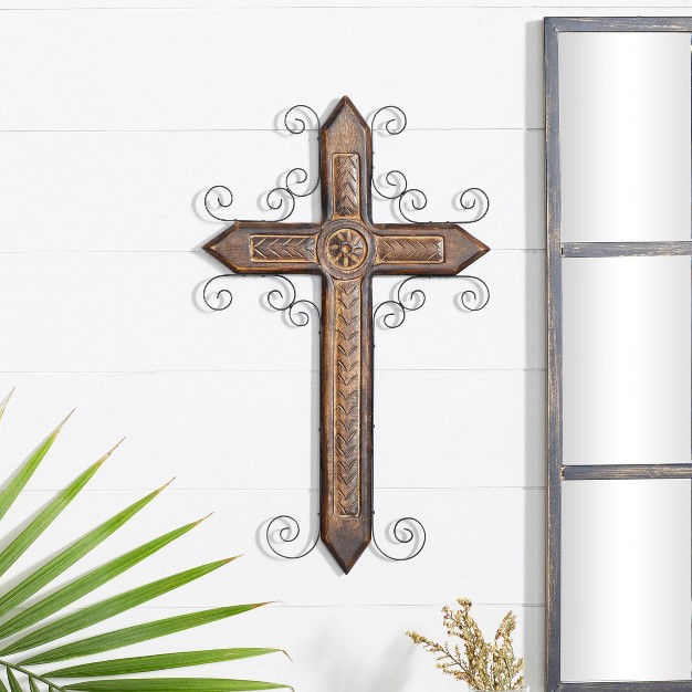 Mango Wood Biblical Carved Cross Wall Decor With Metal Scrollwork Brown Olivia amp May