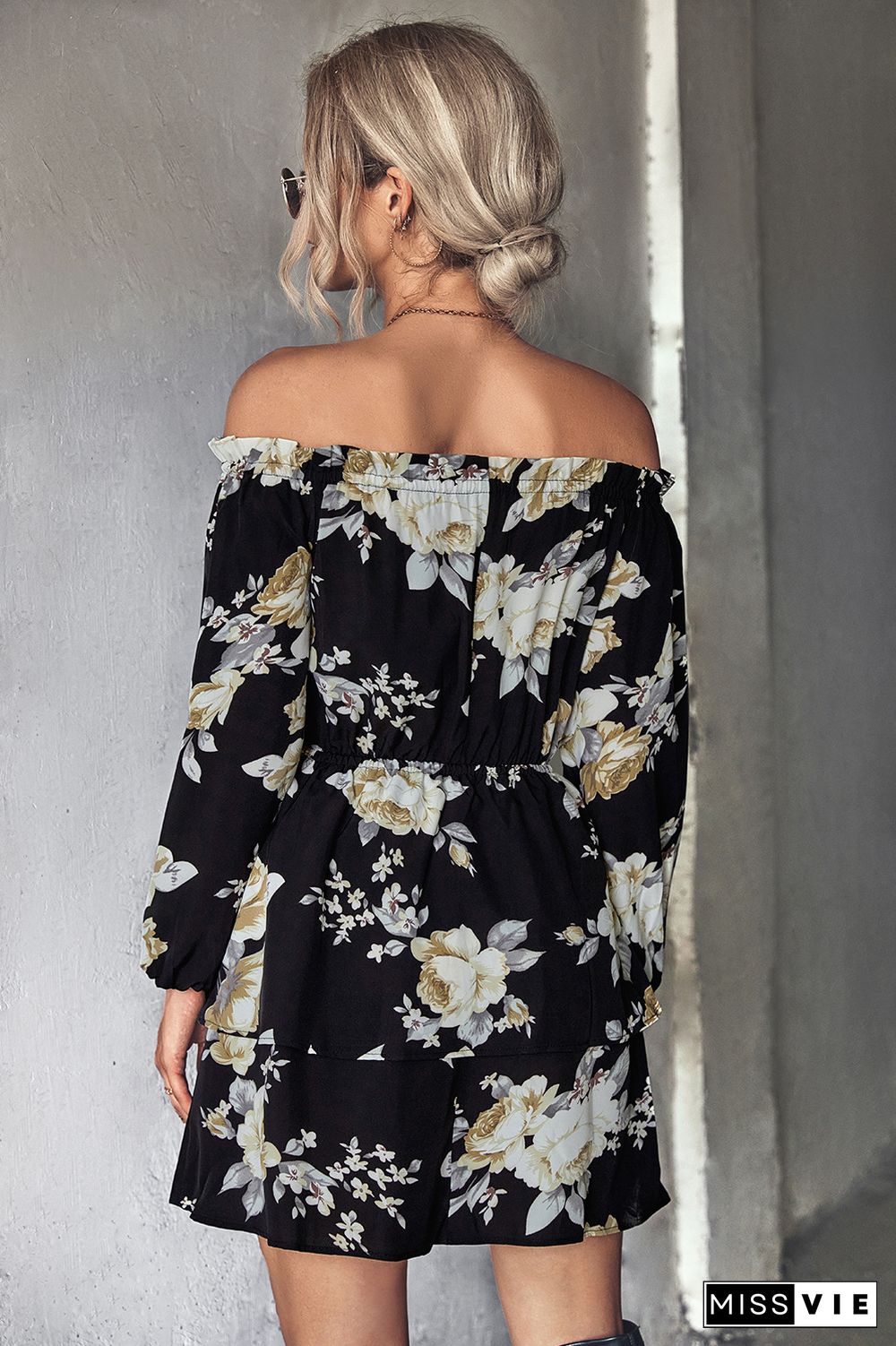 Off Shoulder High Waist Long Sleeves Floral Dress