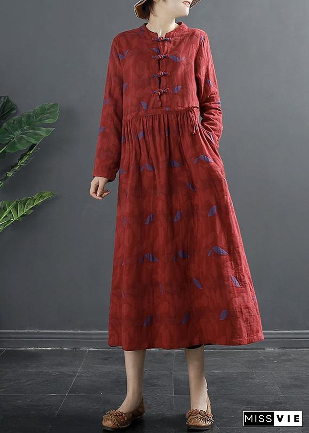 DIY Stand Collar Quilting Dresses Pattern Red Print Long Dress