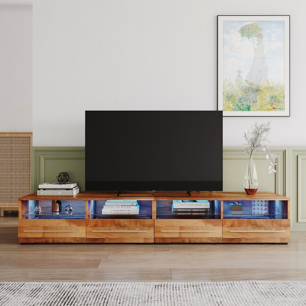 TV Console with 16 Color LED Remote Control Lights Media Console Entertainment Center with 2 Drawers   2 Open Shelves  Walnut